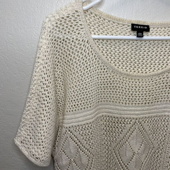 Torrid Crochet Knit Sweater Short Sleeve Blouse Geometric Top Cream Women 10 - Picture 4 of 8